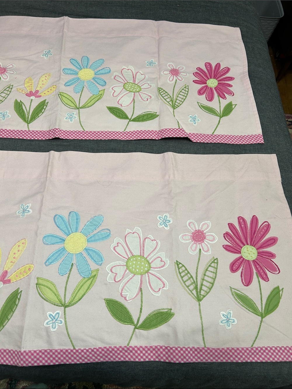 Pottery Barn Kids Pink Floral Valance 2 panels with Blue, Yellow & Green Accents